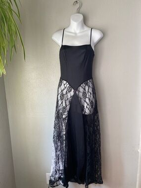 Vintage Glam Noir Fredericks Black Lace Panel Slip Dress with Spaghetti Straps